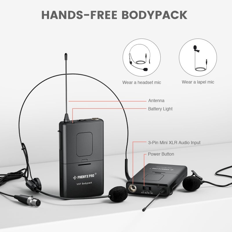 Phenyx Pro Wireless Microphone System, 4-Channel VHF Wireless Microphone Set with 2 Handhelds/2 Bodypacks/2 Lapels/ 2 Headset, Metal Receiver, Suitable for Church, Meeting, Conference(PTV-2000-2H2B) - Image 5